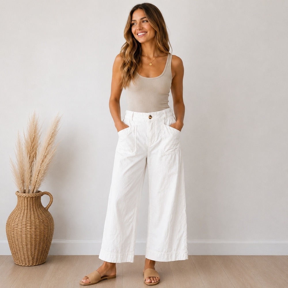 Maeve White Wide-Leg Linen Blend Pants
